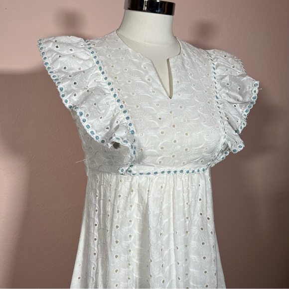 Vintage Dresses & Skirts - Vintage 60 70 Cottagecore White Eyelet Lace Ruffle Sleeve Praire Maxi Dress
